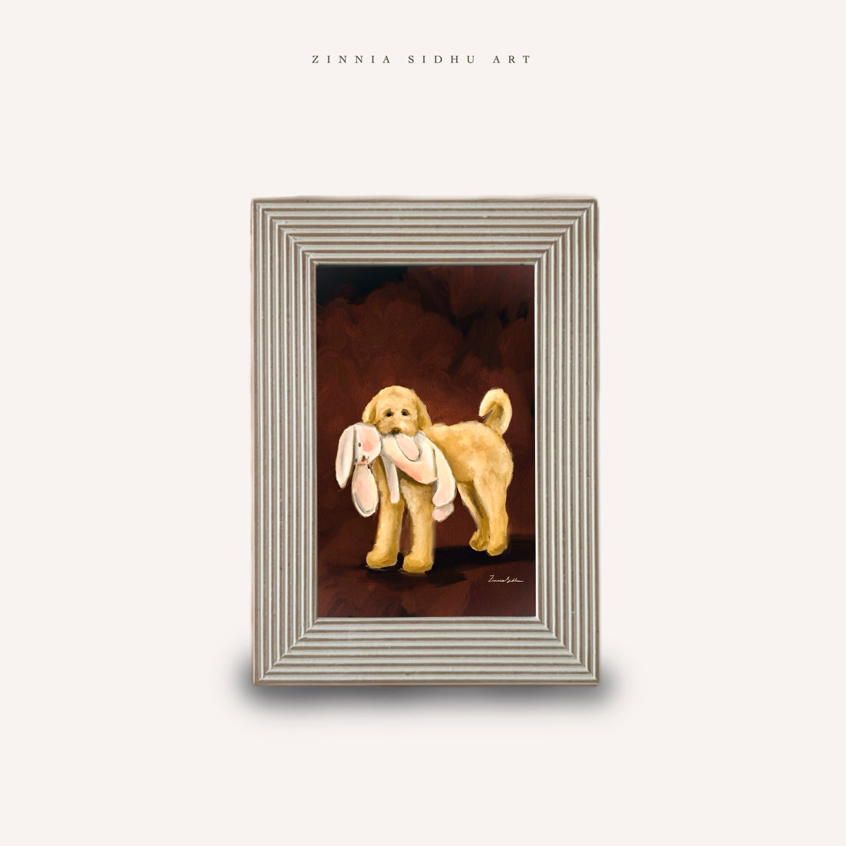 Dog and his Toy- White Striped Frame